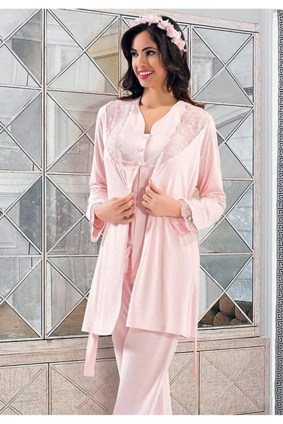 2190 Kadın Hamile Lohusa Sabahlıklı Pijama Takım-Pudra