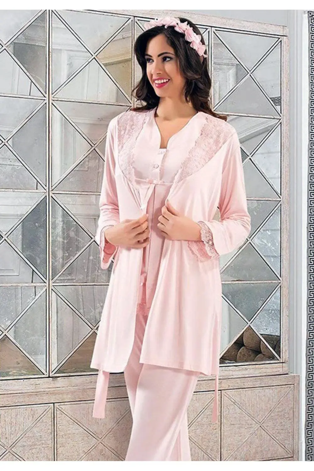 2190 Kadın Hamile Lohusa Sabahlıklı Pijama Takım-Pudra