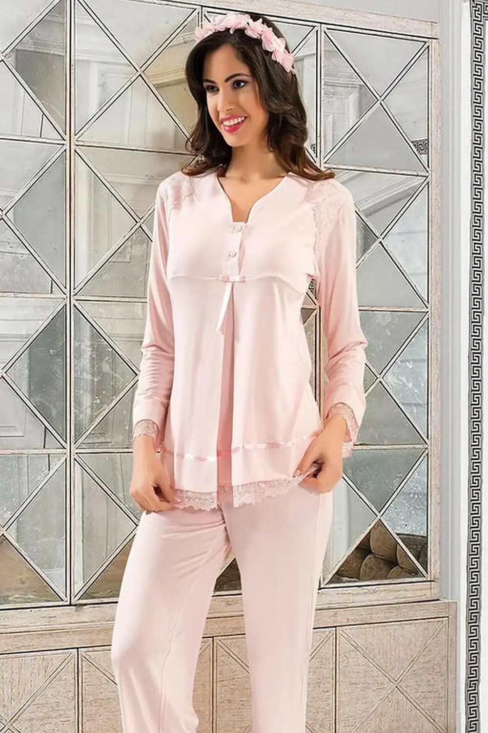 2190 Kadın Hamile Lohusa Sabahlıklı Pijama Takım-pudra