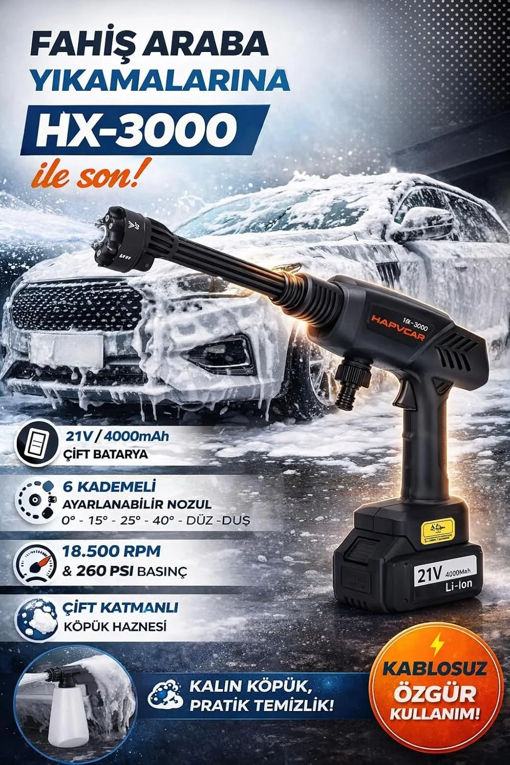 21V 4000mAh Li-ion Kablosuz Yıkama Tabancası - Siyah