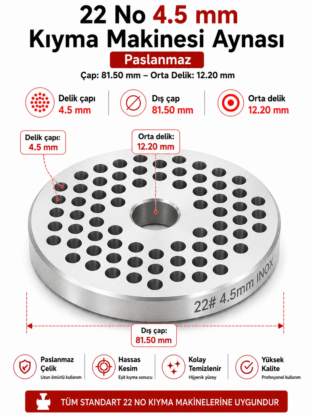 22 No 4,5 mm Kıyma Makinesi Aynası Paslanmaz