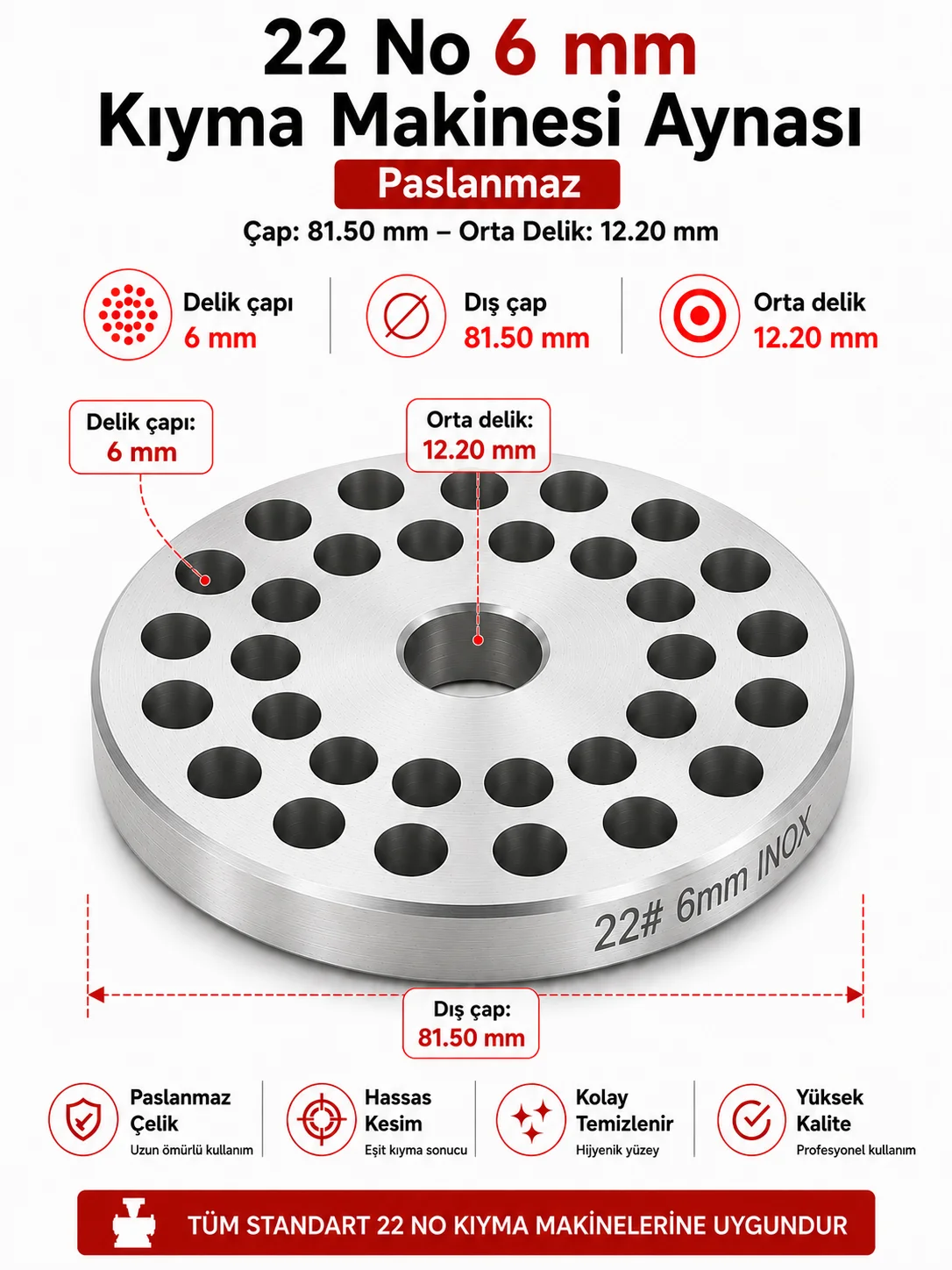 22 No 6 mm Kıyma Makinesi Aynası Paslanmaz 22 No 6 mm Kıyma Makinesi Aynası Paslanmaz