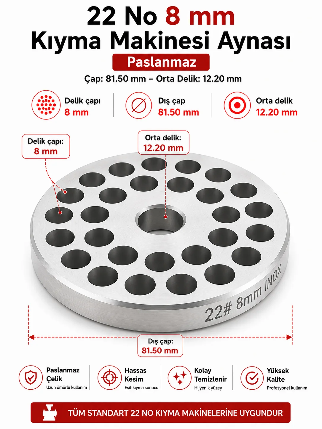 22 No 8 mm Kıyma Makinesi Aynası Paslanmaz