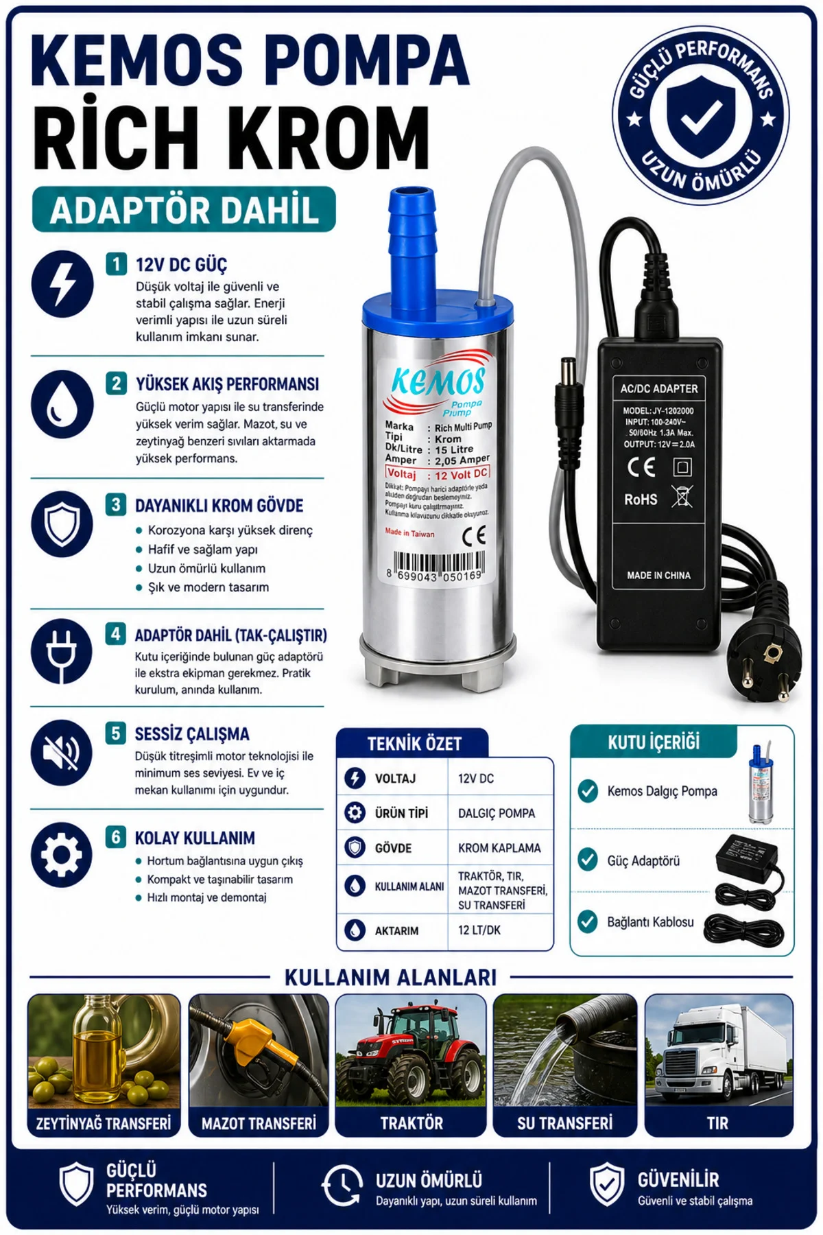 220-12 Volt Rich krom Dalgıç Adaptörlü Mazot Aktarma(SIVI TRANSFE 220-12 Volt Rich krom Dalgıç Adaptörlü Mazot Aktarma(SIVI TRANSFE