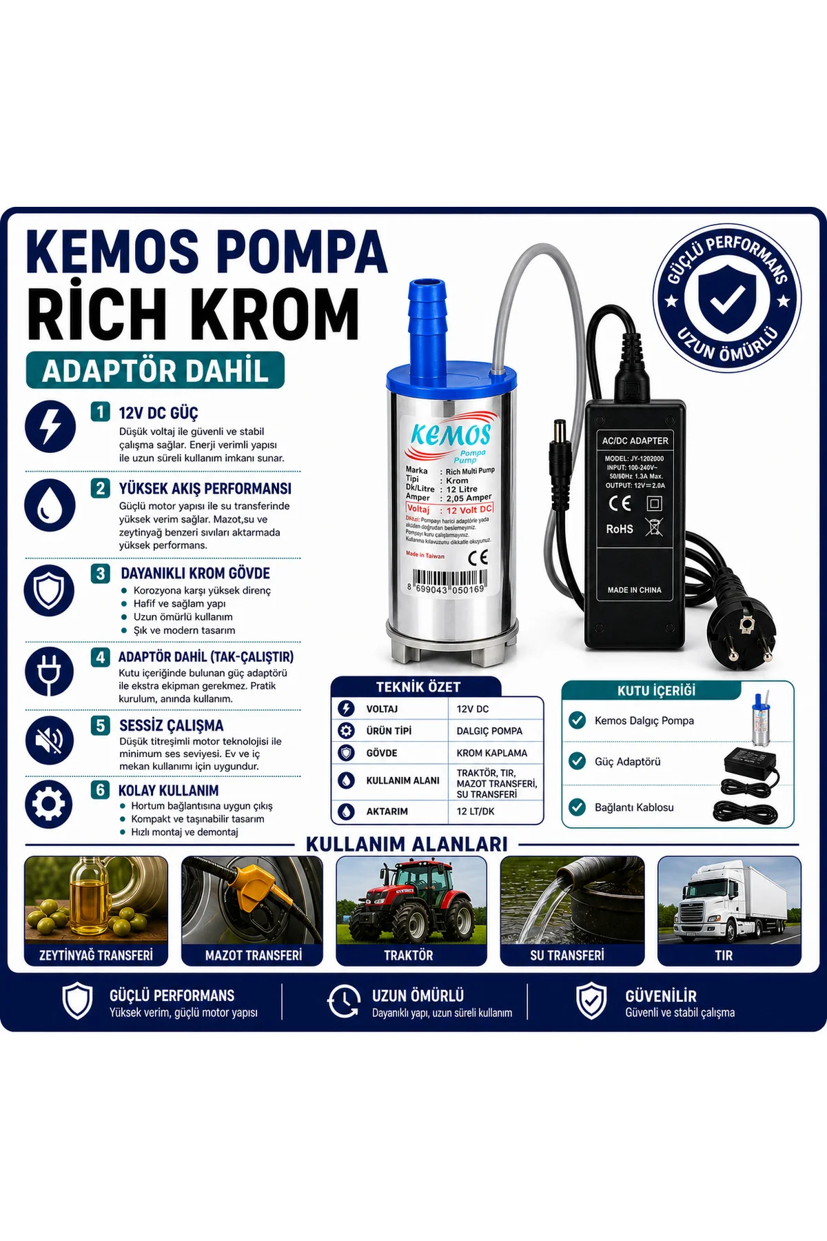 220-12 Volt Rich krom Dalgıç Adaptörlü Mazot Aktarma(SIVI TRANSFE 220-12 Volt Rich krom Dalgıç Adaptörlü Mazot Aktarma(SIVI TRANSFE