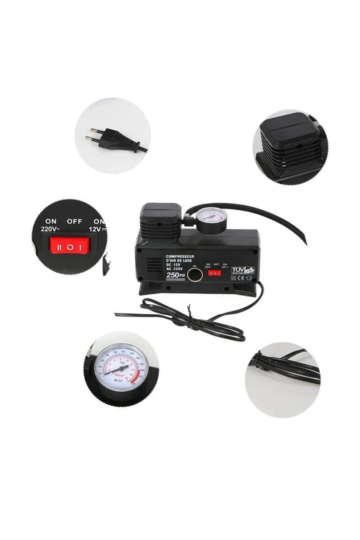 220 Volt-12 Volt 250 Psi Psi Kompresör Lastik Hava Şişirme Oto Po