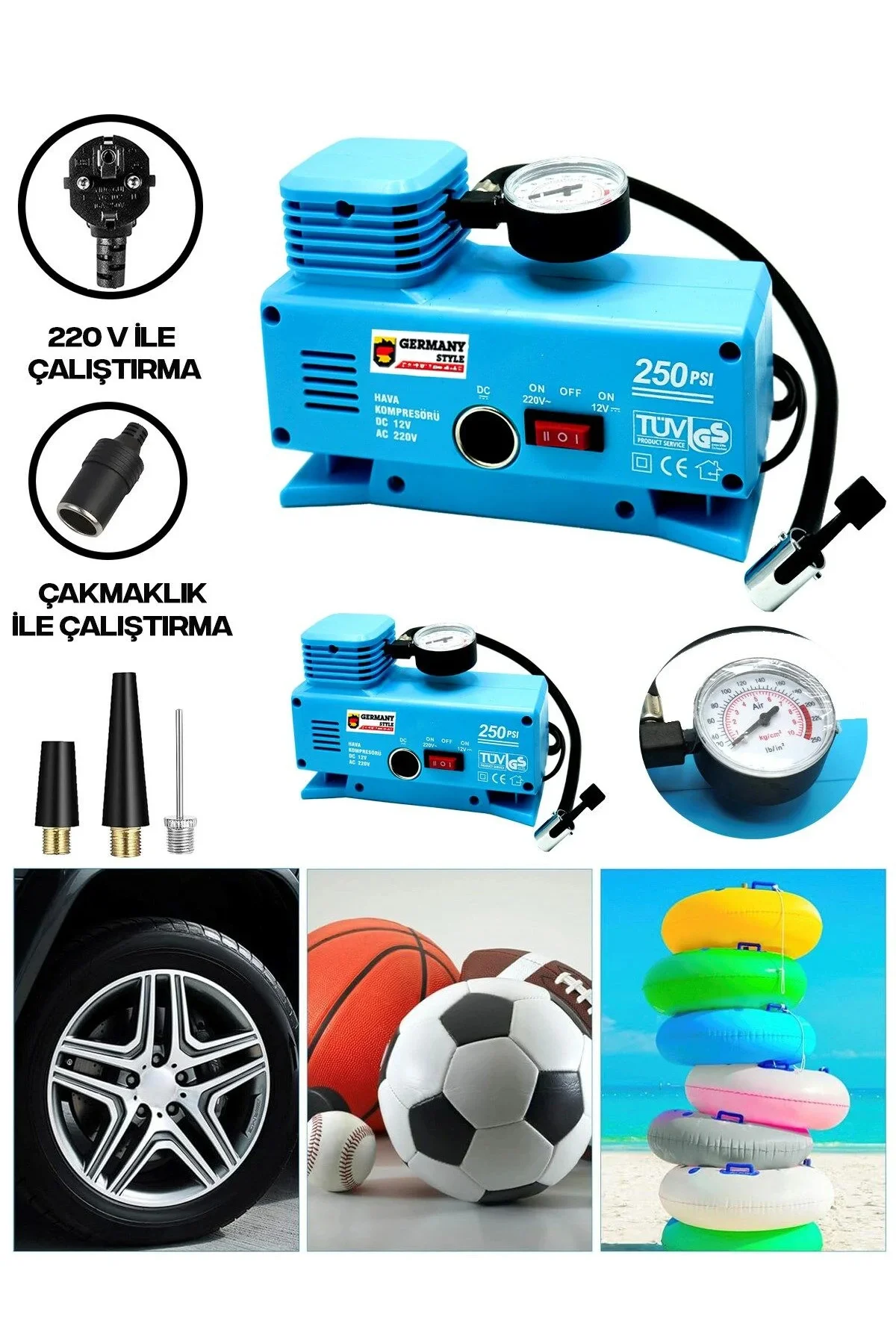 220 Volt-12 Volt 250 Psi Geniş Uygulama Yelpazesi Kompresör Lasti