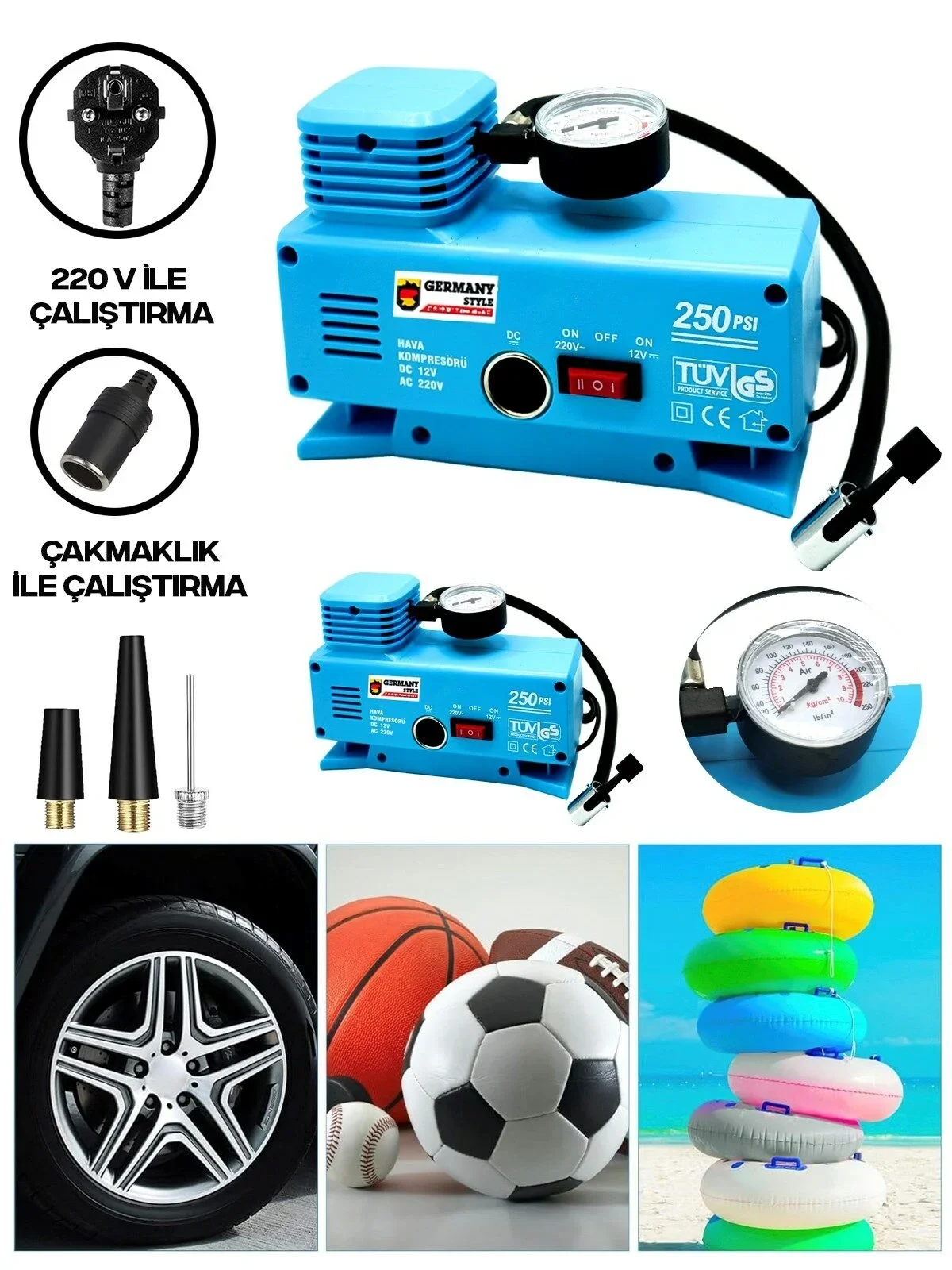 220 Volt-12 Volt 250 Psi Geniş Uygulama Yelpazesi Kompresör Lastik Hava Şişirme Oto Pompası Fiyatı, Yorumları ve Özellikleri