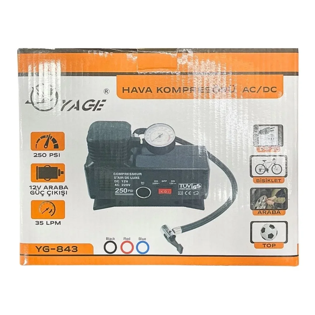 220 Volt-12 Volt 250 Psi Kompresör Lastik Hava Şişirme Oto Pompası Fişli Ve Çakmaklı Yage-843 Bx40 Fiyatı, Yorumları ve Özellikleri
