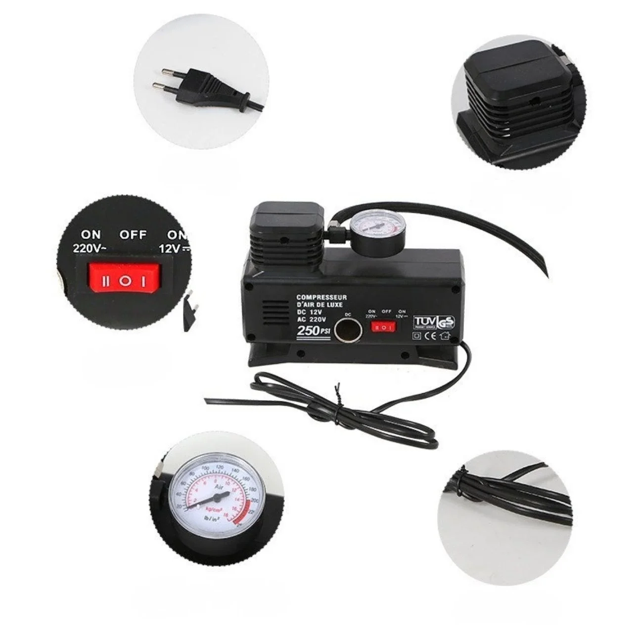220 Volt-12 Volt 250 Psi Psi Kompresör Lastik Hava Şişirme Oto Pompası Fişli Çakmaklıklı Fiyatı, Yorumları ve Özellikleri