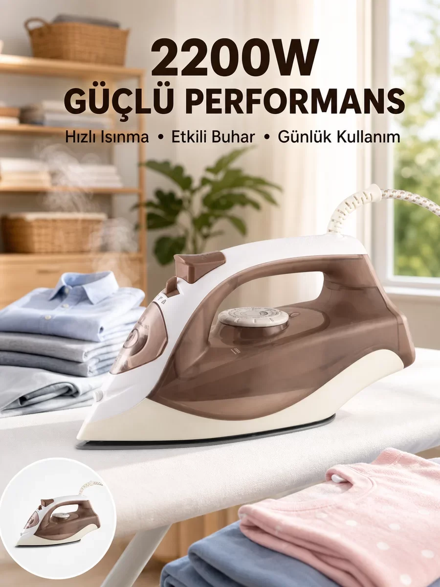 2200W Buharlı Ütü Self Clean Kireç Önleyici Kahverengi - En Hızlı Ütüleme