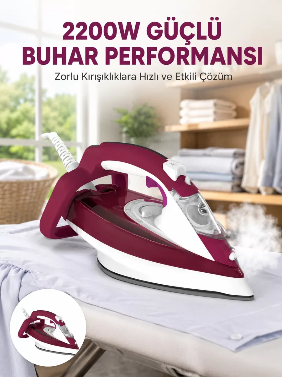 2200W Mor Seramik Buharlı Ütü - 360 Dönebilir Kablo ve Estetik Tasarım