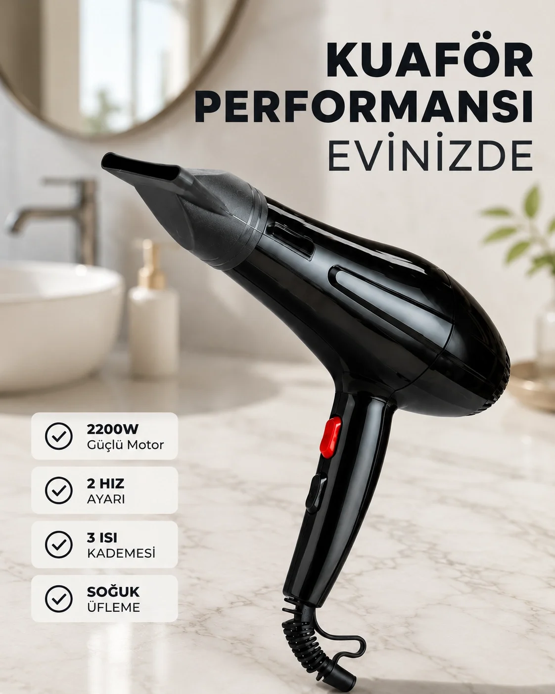 2200W Saç Kurutma Makinesi Soğuk ve Sıcak Üfleme Fonksiyonlu Fiyatı, Yorumları ve Özellikleri