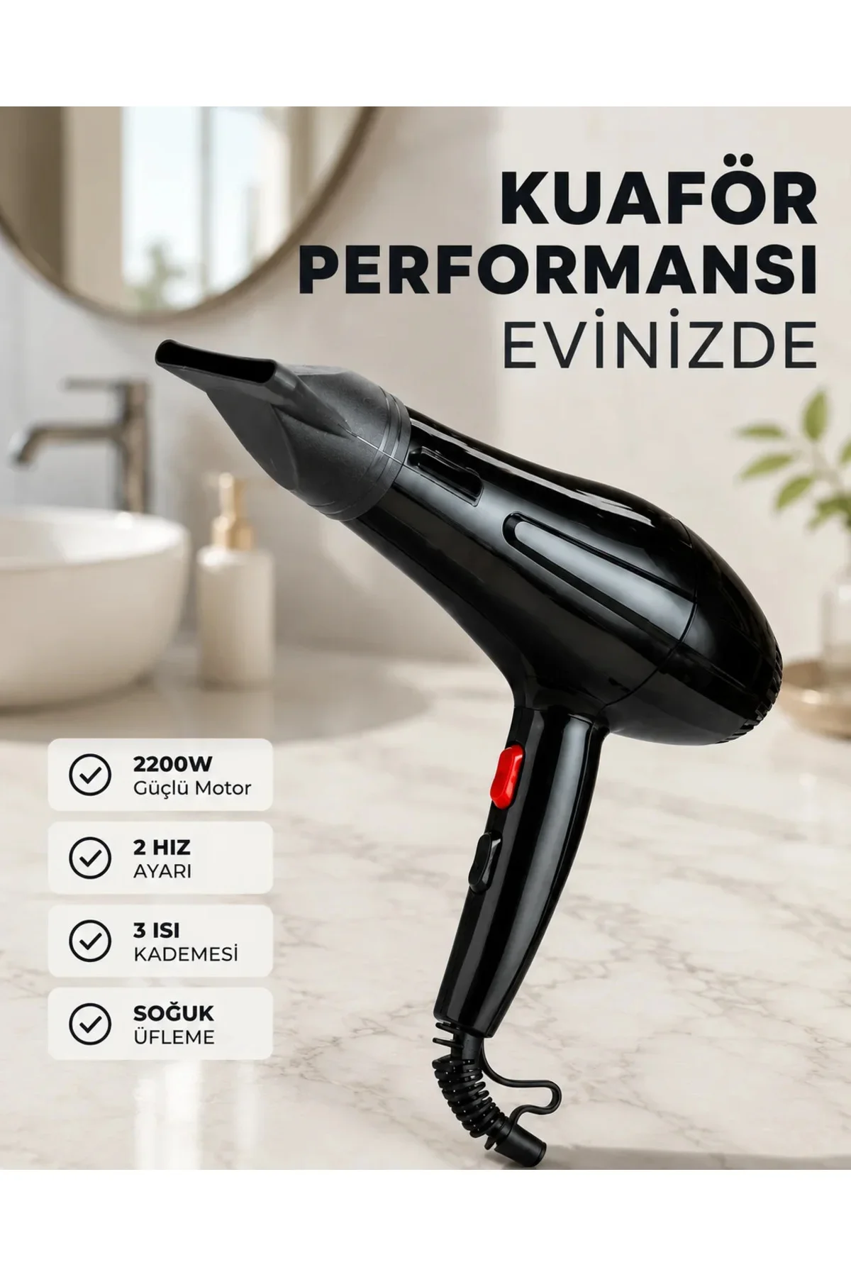 2200W Saç Kurutma Makinesi Soğuk ve Sıcak Üfleme Fonksiyonlu