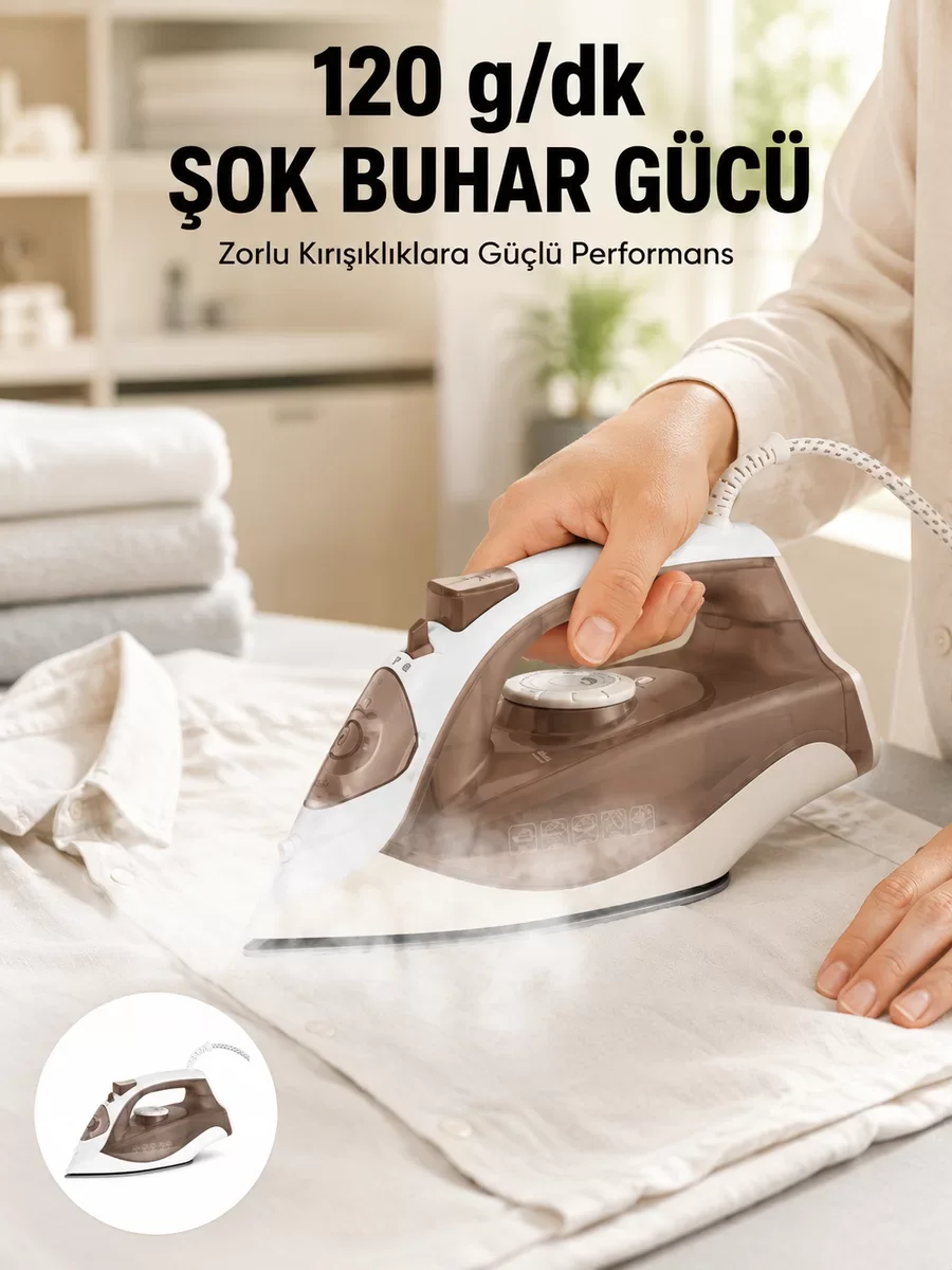 2200W Seramik Tabanlı Buharlı Ütü Kahverengi - Profesyonel Dikey Ütüleme ve Sızdırmaz Tasarım