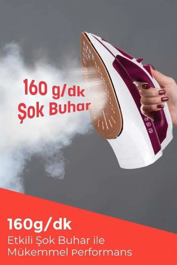 2200W Şok Buharlı Ütü - Seramik Tabanlı Kırmızı Klasik Ütü