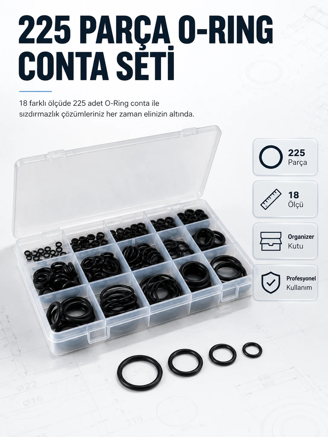 225 PCS O-Ring Conta Seti Profesyonel Tamir, Bakım ve Sızdırmazlık Çözümü