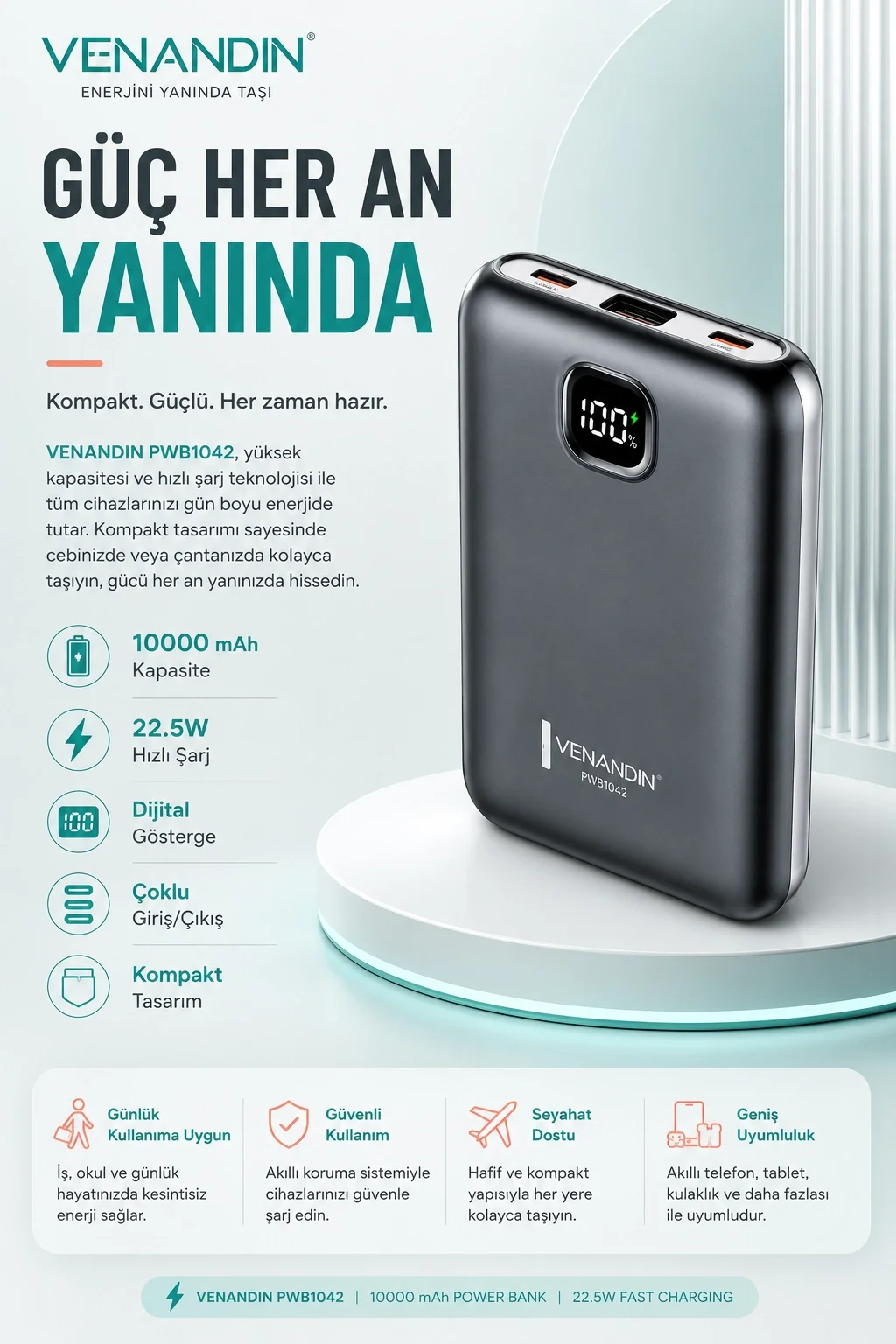 22.5W Hızlı Şarj Özellikli 10000 mAh Kapasiteli Kompakt Powerbank