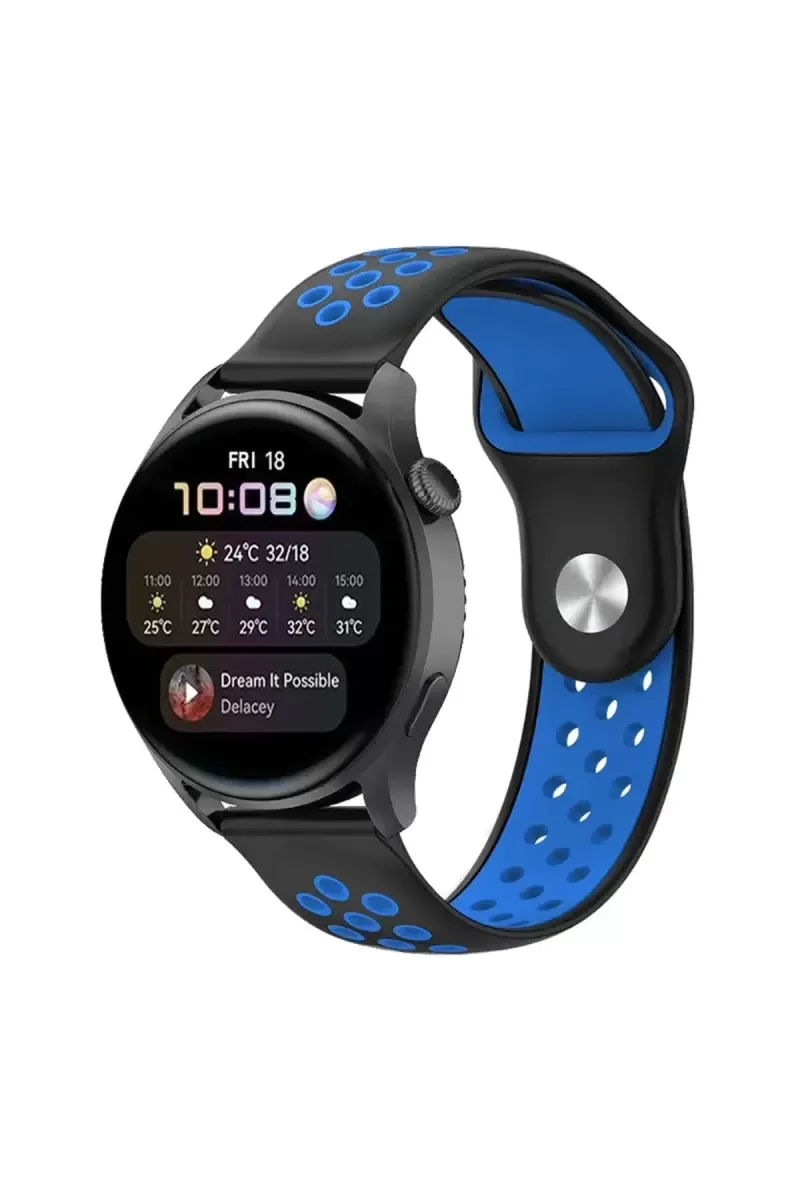 22mm Spor Delikli Kordon - Siyah/Mavi Nefes Alan Dayanıklı Saat Kordonu