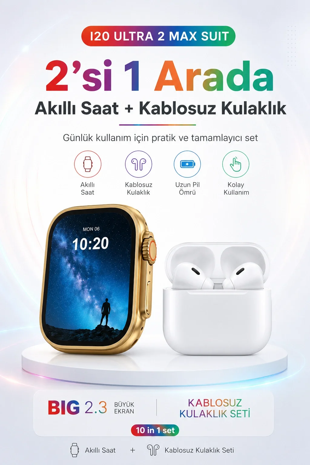 2.3 İnç Geniş Ekranlı Akıllı Saat Ve Kablosuz Kulaklık 10 Parça Aksesuar Seti