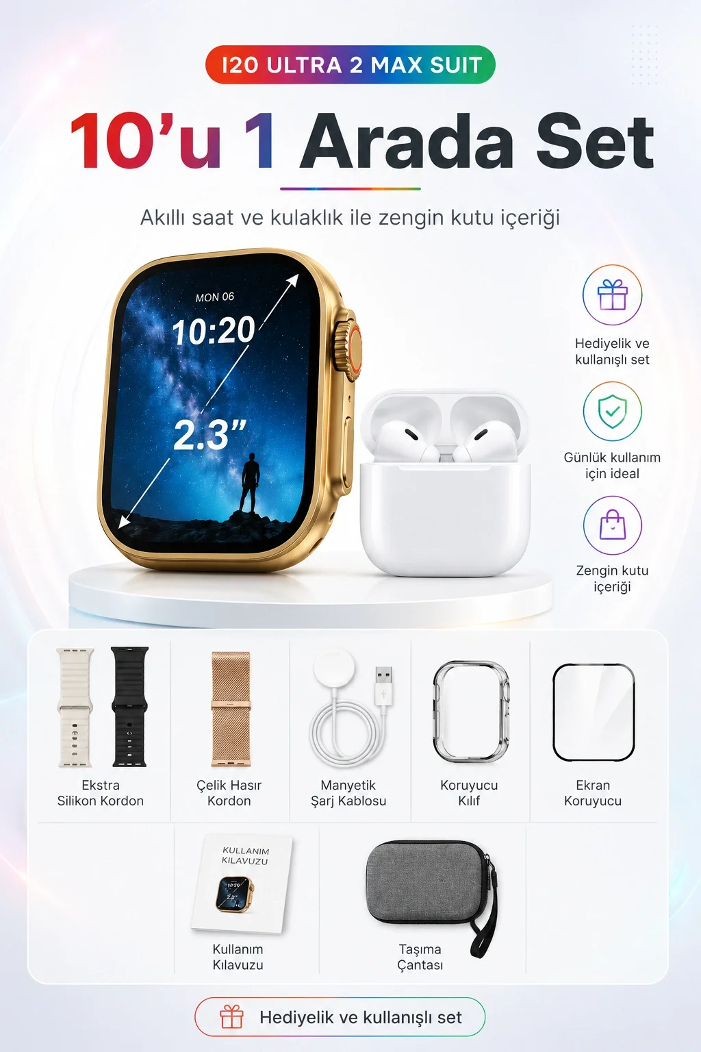 2.3 İnç Geniş Ekranlı Akıllı Saat Ve Kablosuz Kulaklık 10 Parça Aksesuar Seti