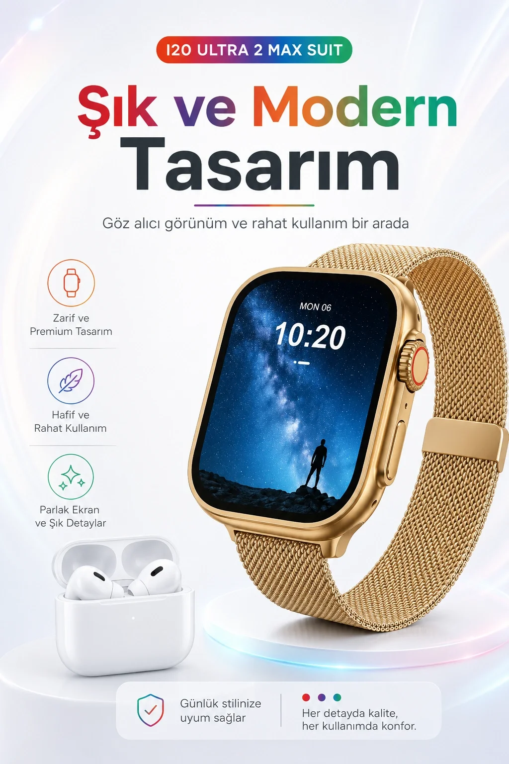 2.3 İnç Geniş Ekranlı Akıllı Saat Ve Kablosuz Kulaklık 10 Parça Aksesuar Seti