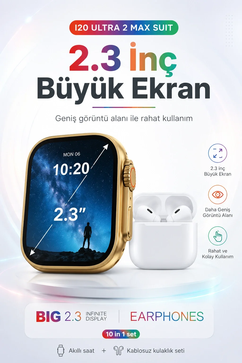 2.3 İnç Geniş Ekranlı Akıllı Saat Ve Kablosuz Kulaklık 10 Parça Aksesuar Seti