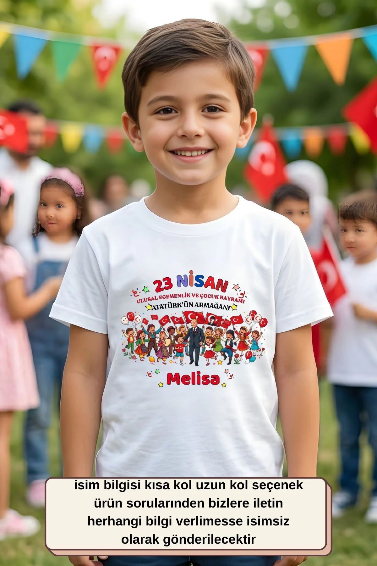 23 Nisan İsimli Çocuk Tişörtü – Atatürk ve Çocuklar Tasarımlı Kişiye Özel 23 Nisan Tişört