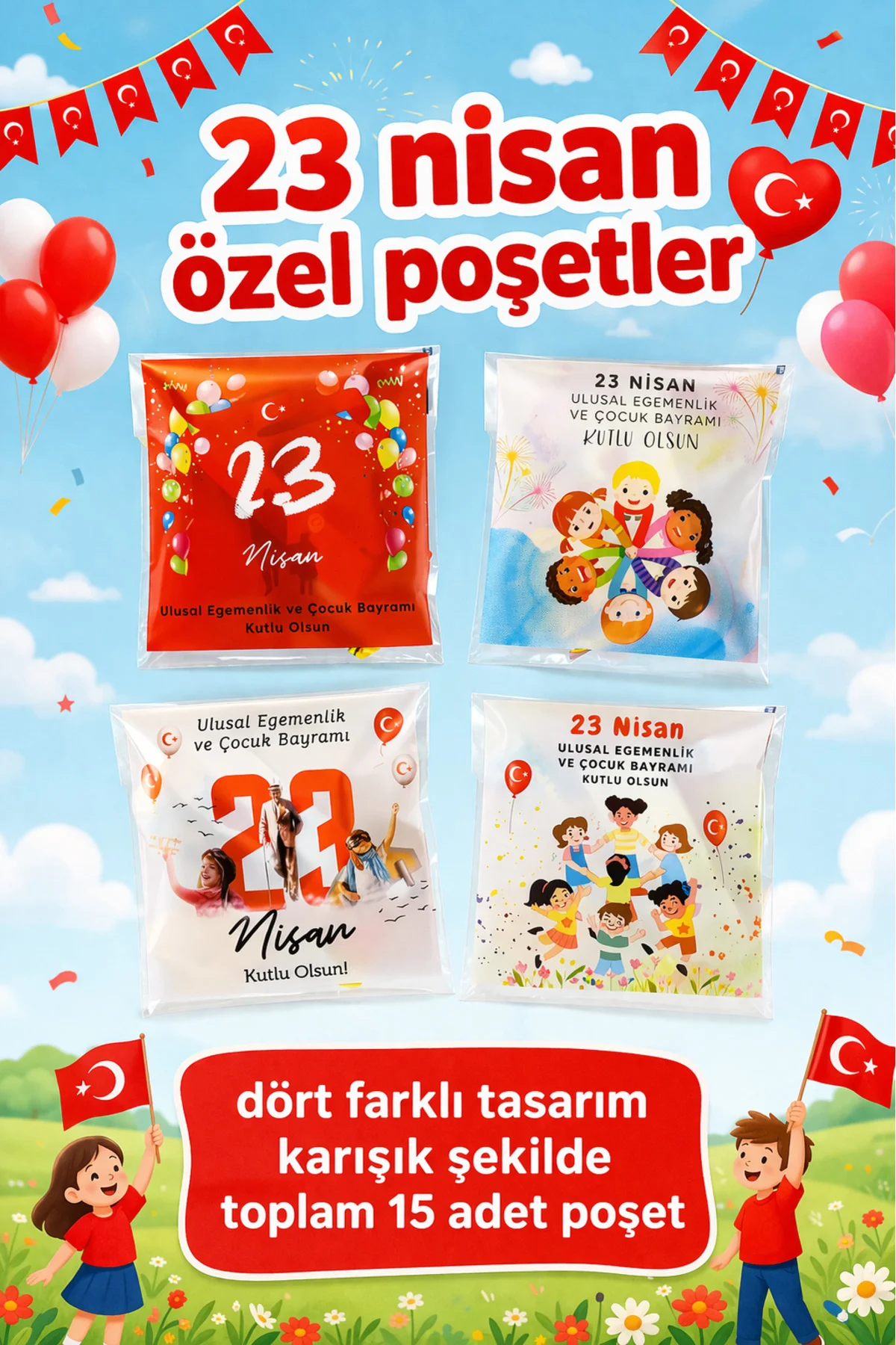 23 Nisan özel hediye ikram kesesi 15 adet Kendinden Yapışkanlı Şe