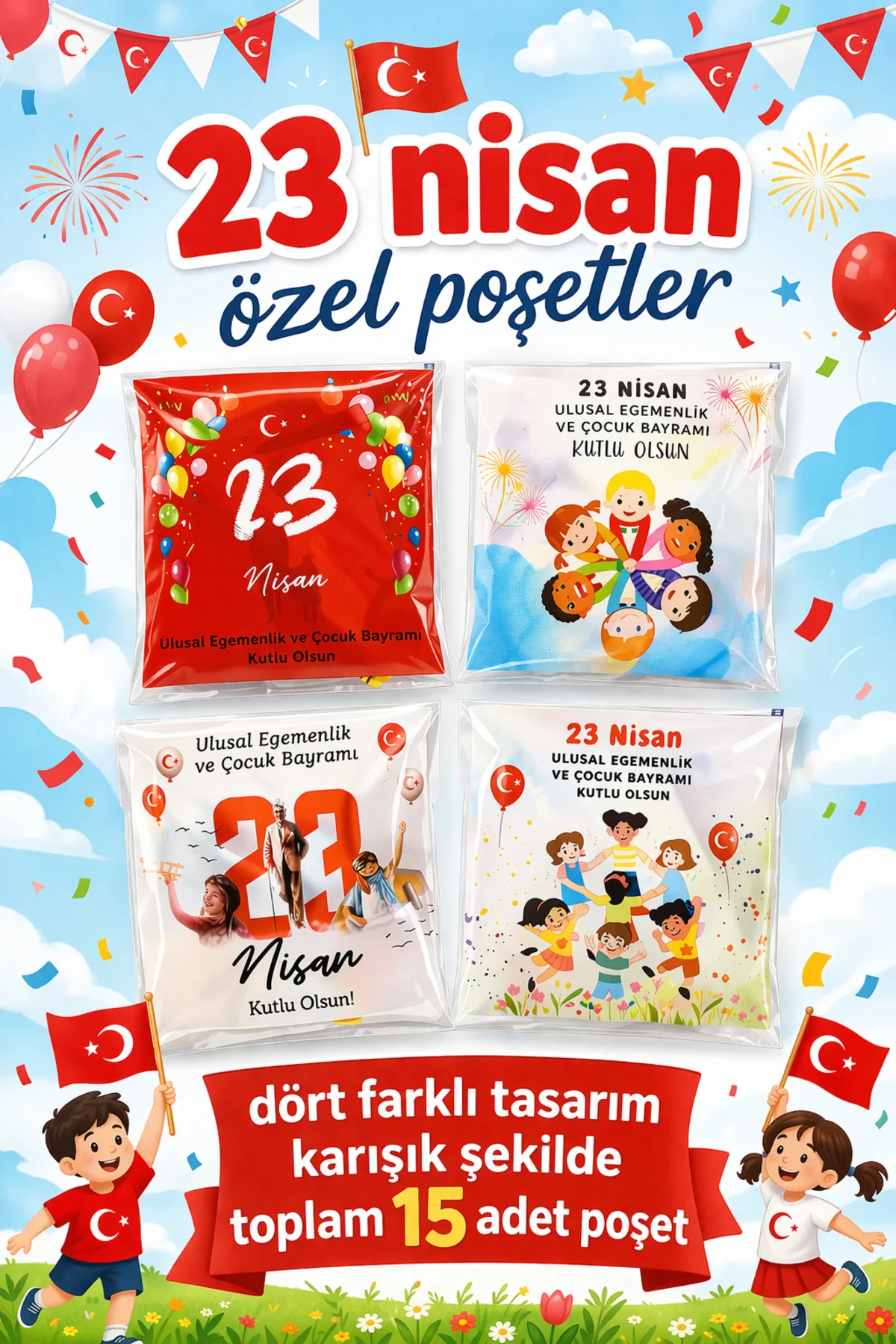 23 Nisan özel hediye ikram kesesi 15 adet Kendinden Yapışkanlı Şe