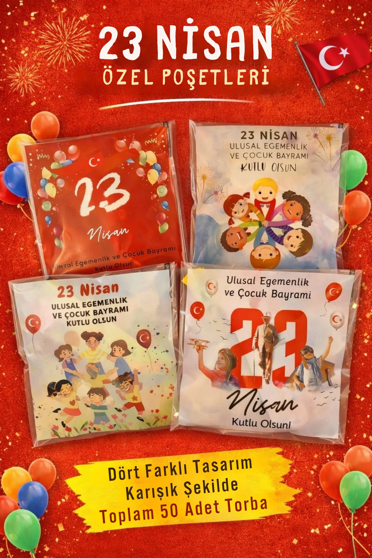 23 Nisan özel hediye ikram kesesi 50 adet Kendinden Yapışkanlı Şe