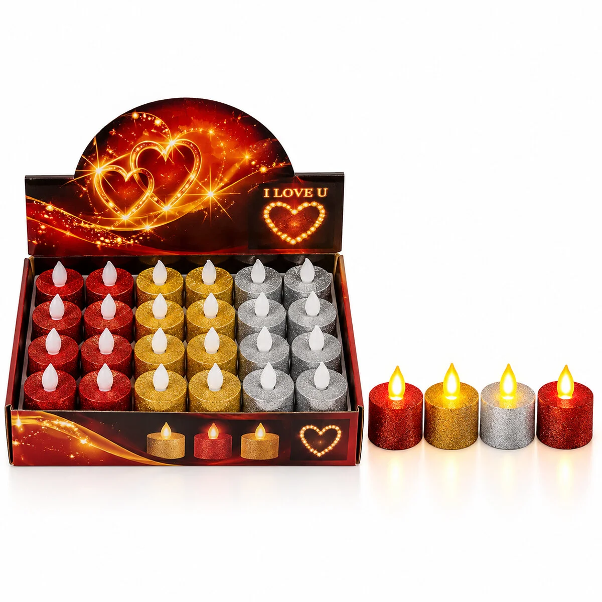 24 Adet Pilli Yuvarlak - Simli Renkli Led Mum Çap : 3.6 Yükseklik : 4.3CM İ10-025