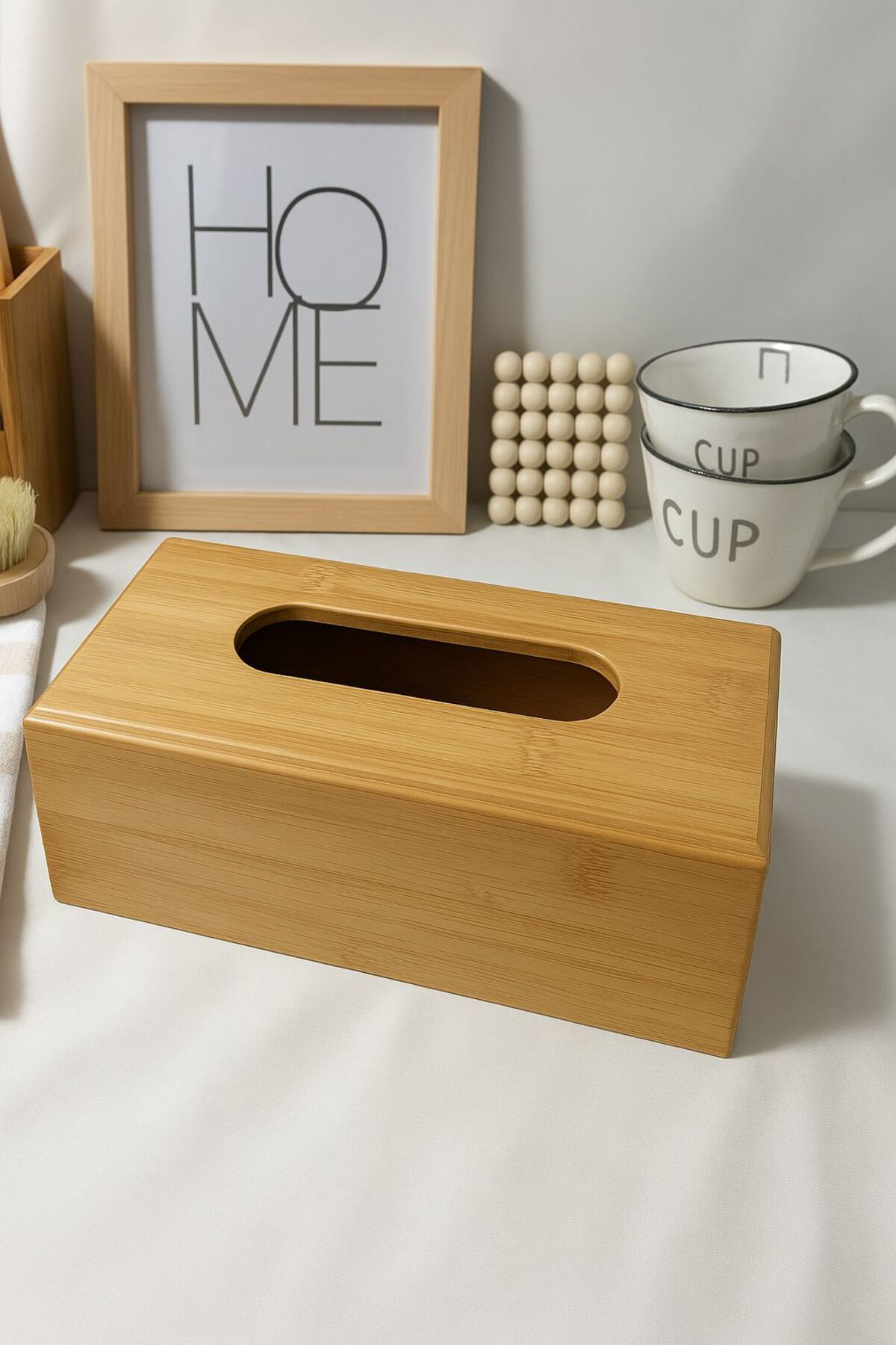 24 cm Doğal Bambu Peçete Kutusu – Kapaklı Ahşap Doku