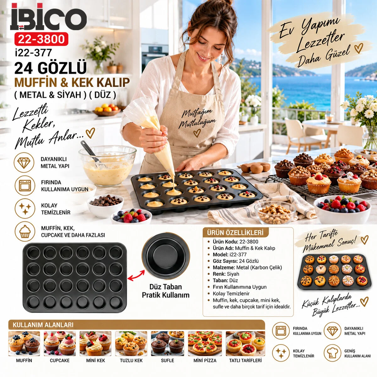 24 Gözlü Metal - Siyah Düz Muffin - Kek Kalıp 24 Gözlü Metal - Siyah Düz Muffin - Kek Kalıp