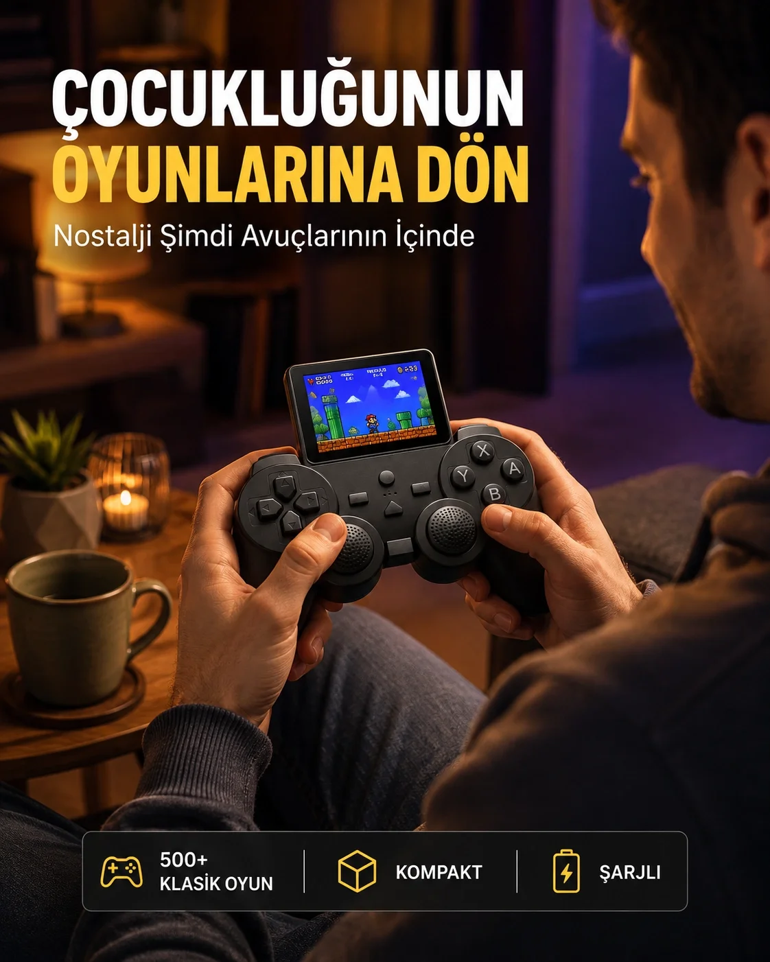 2.4 İnç HD Renkli Ekranlı 500-in-1 Taşınabilir Retro Oyun Konsolu, Kablolu TV Bağlantısı ve Uzun Pil Ömrü