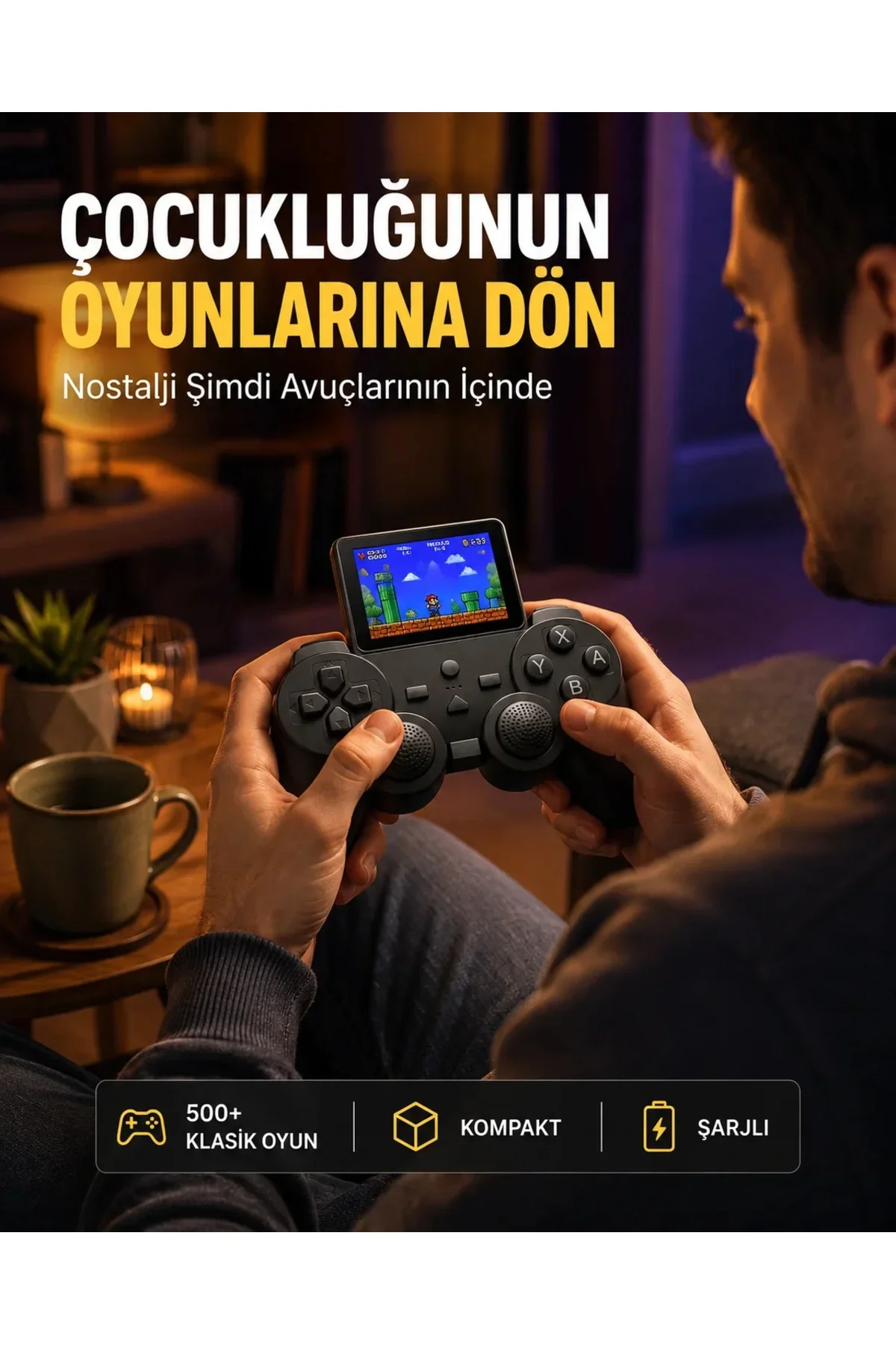 2.4 İnç HD Renkli Ekranlı 500-in-1 Taşınabilir Retro Oyun Konsolu, Kablolu TV Bağlantısı ve Uzun Pil