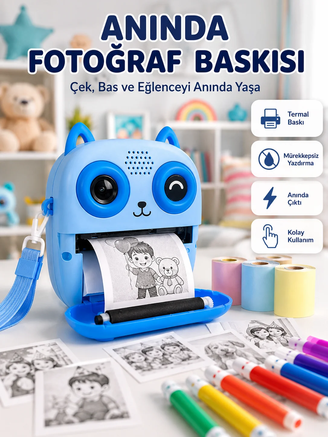 2.4'' IPS Ekranlı Çocuk Fotoğraf Makinesi HD Çekim ve Anında Baskı Keyfi 2.4'' IPS Ekranlı Çocuk Fotoğraf Makinesi HD Çekim ve Anında Baskı Keyfi