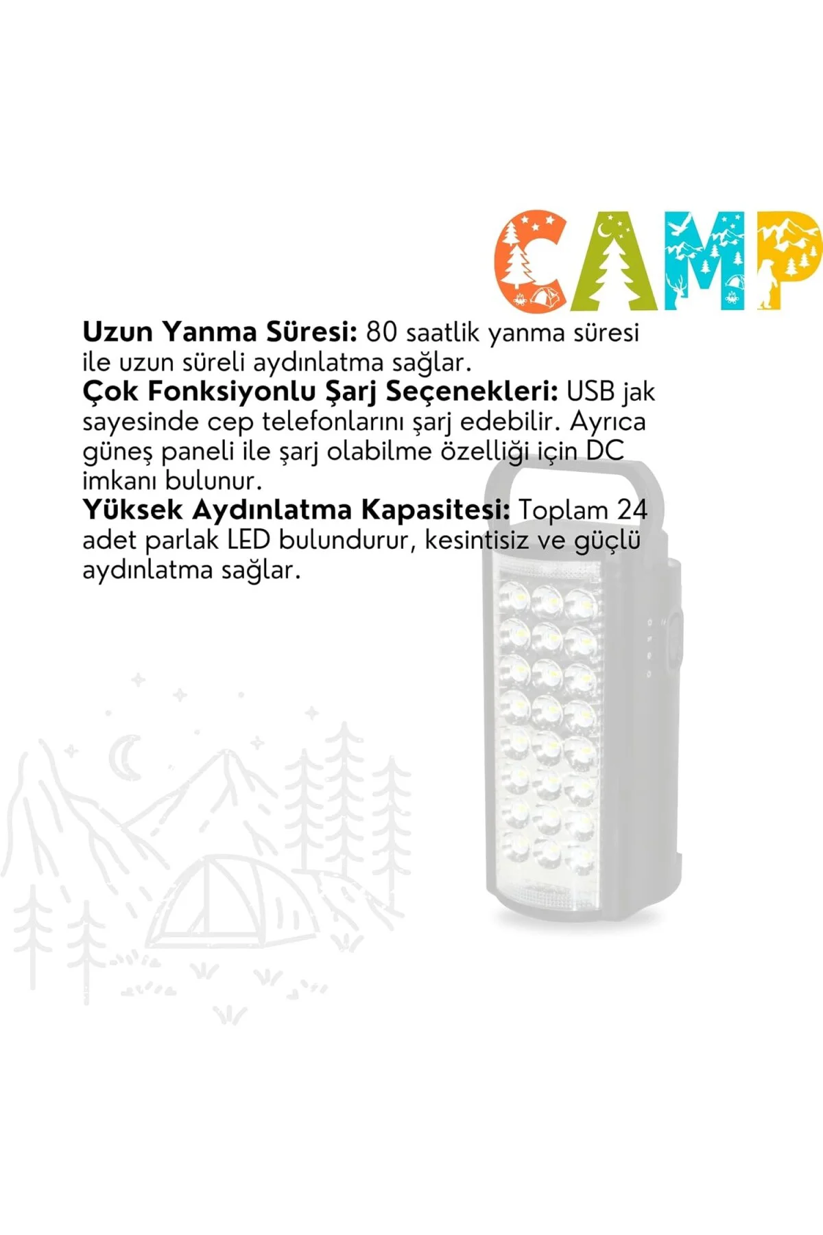 24 Ledli Taşınabilir Işıldak Kamp Feneri El Feneri - Siyah