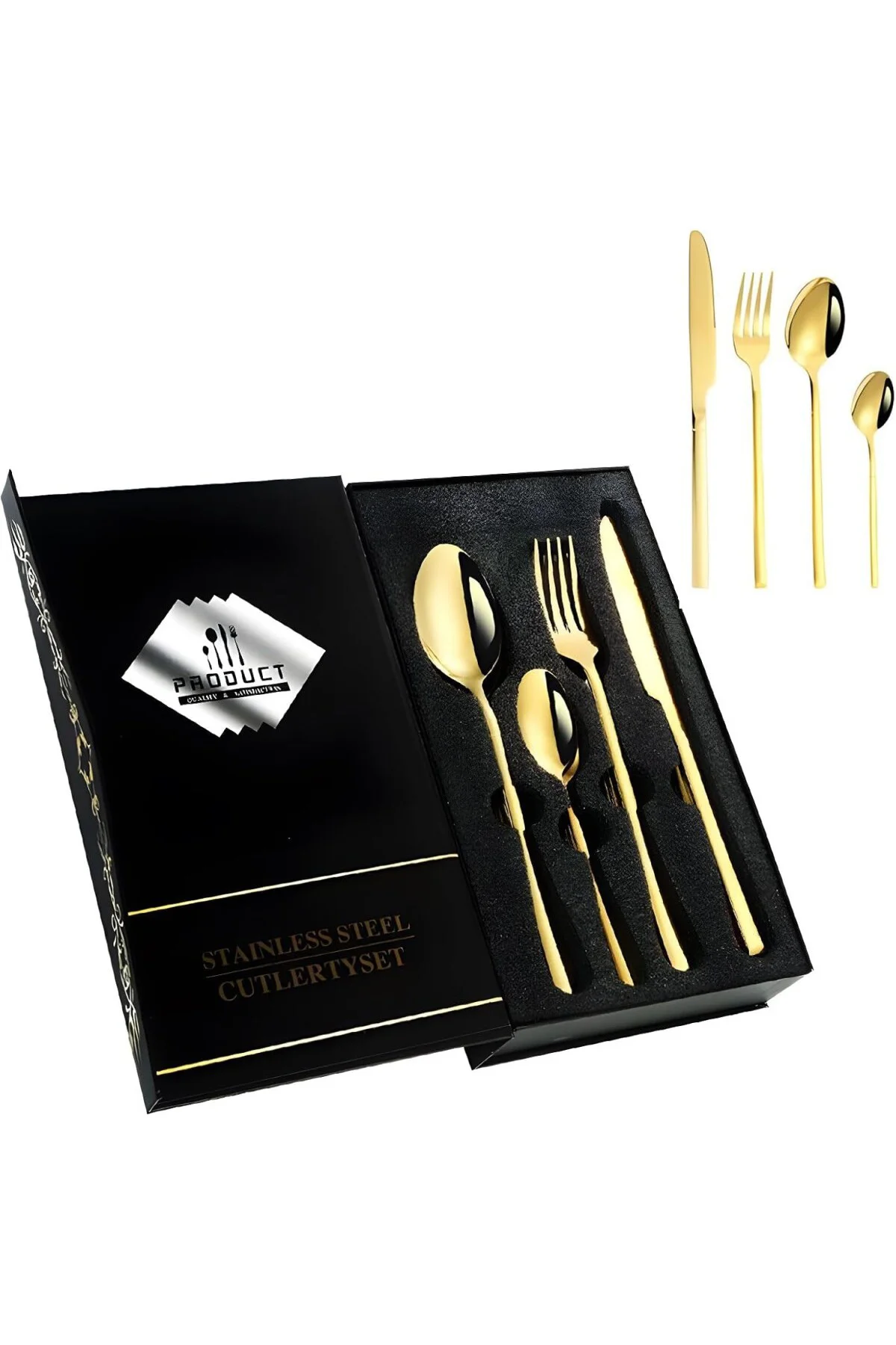 24 Parça 6 Kişilik Gold Çelik Yemek Kaşık Çatal Bıçak Set cin739s