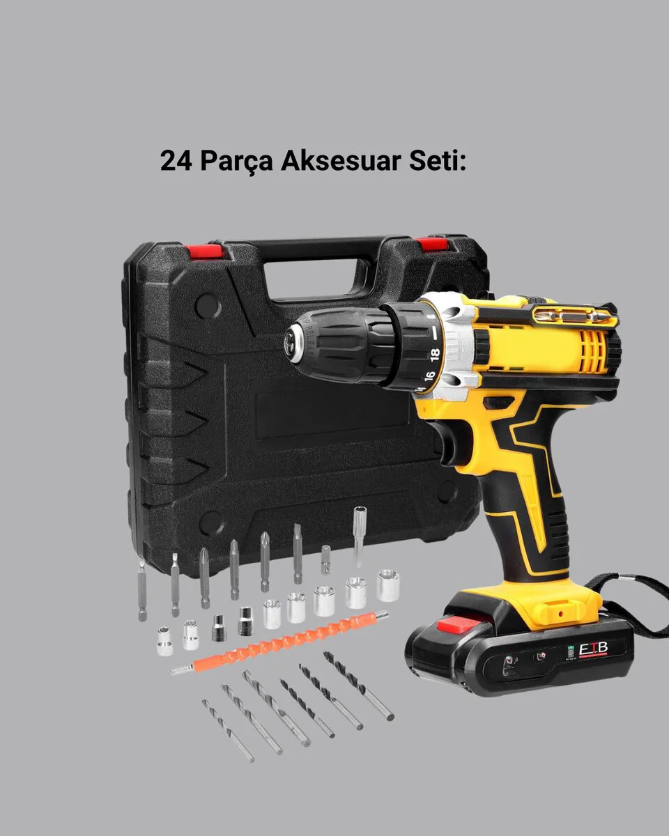 24 Parça Akülü Darbeli Matkap Seti – Güçlü Motor Metal Dişli LED Işıklı