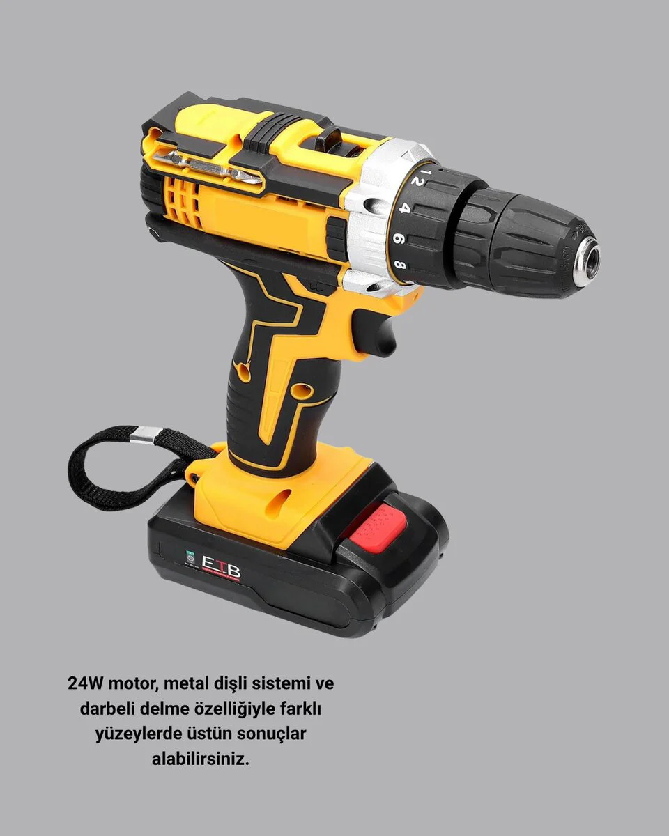 24 Parça Akülü Darbeli Matkap Seti – Güçlü Motor Metal Dişli LED Işıklı