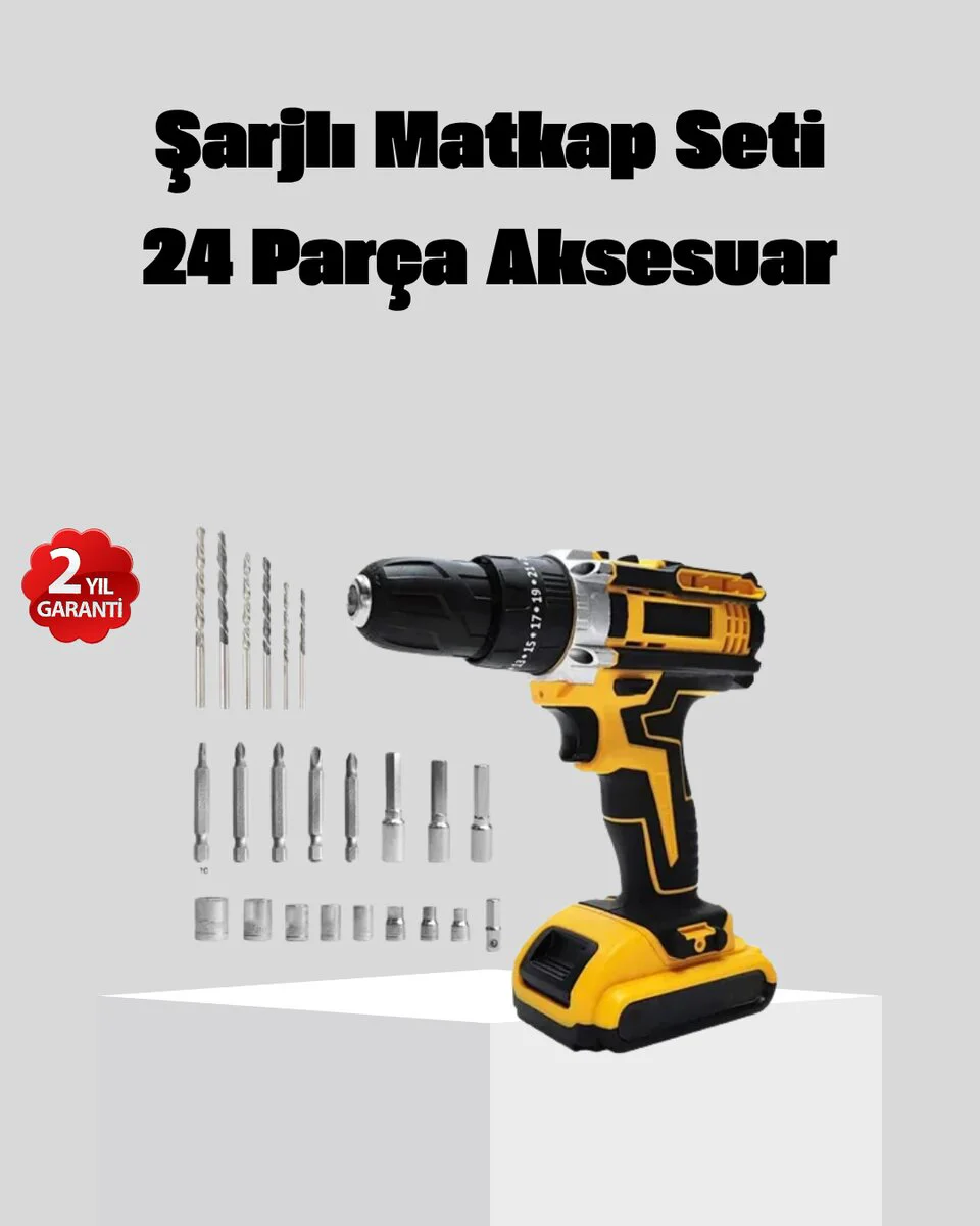 24 Parça Akülü Darbeli Matkap Seti – Güçlü Motor Metal Dişli LED Işıklı