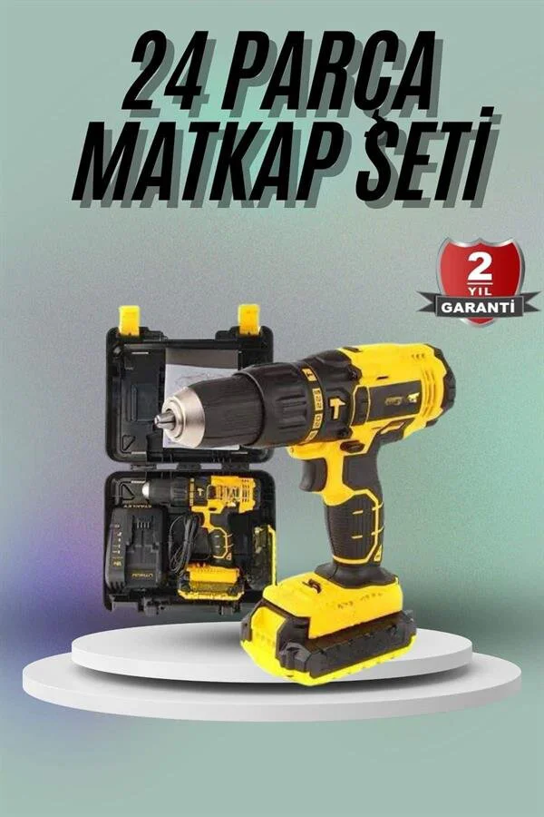 24 Parça Çift Bataryalı Darbeli Matkap Seti ve LED Işıklı Vidalama Aracı