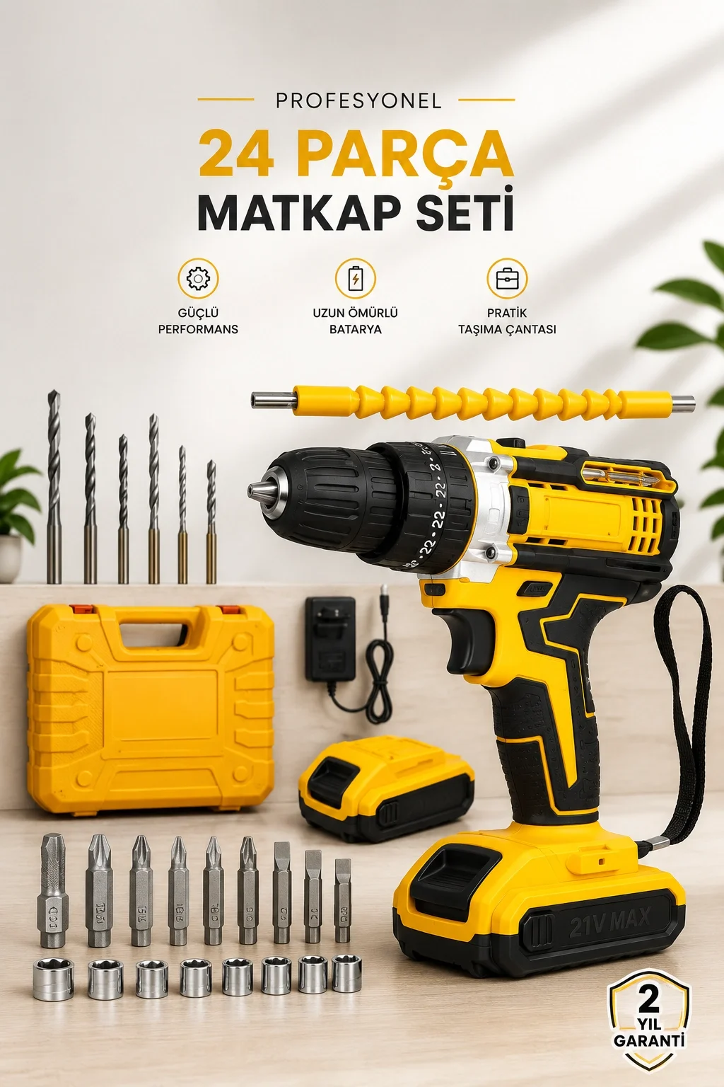 24 Parça Çift Bataryalı Şarjlı Matkap Seti 24W Motor ve Otomatik 