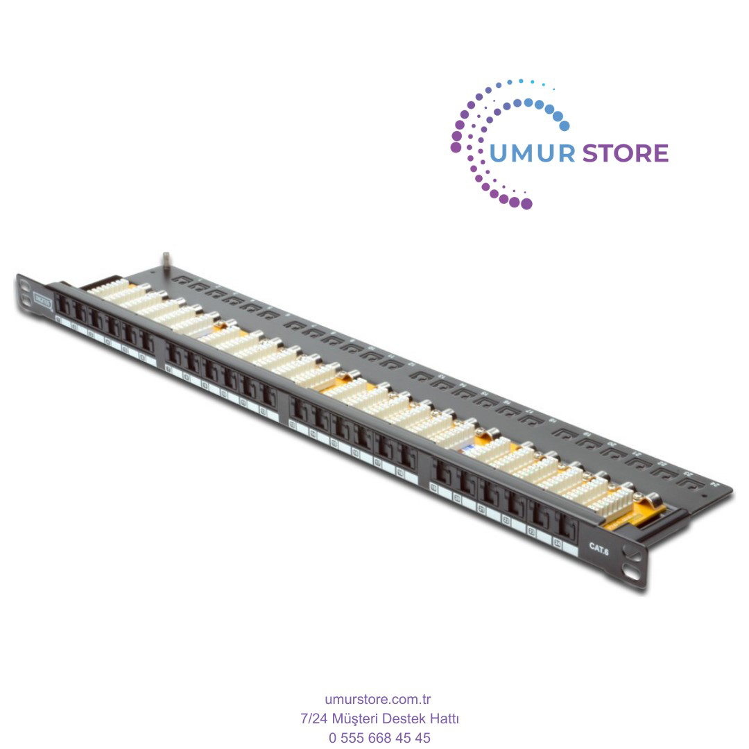 24 port Cat-6 UTP Patch Panel, 8P8C, LSA, 0,5U boyut, tozdan koru