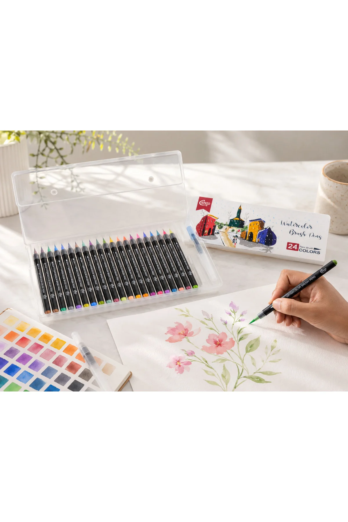 24 Renk Sulu Boya Fırça Kalemi Seti – Watercolor Brush Pens, Su Hazneli Fırça Kalemli 24 Renk Sulu Boya Fırça Kalemi Seti – Watercolor Brush Pens, Su Hazneli Fırça Kalemli