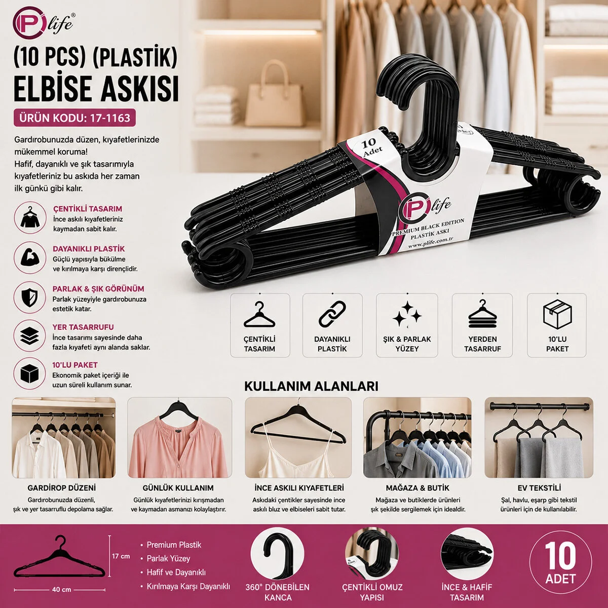 240 Adet Siyah Elbise Askısı Plastik 24X10PCS