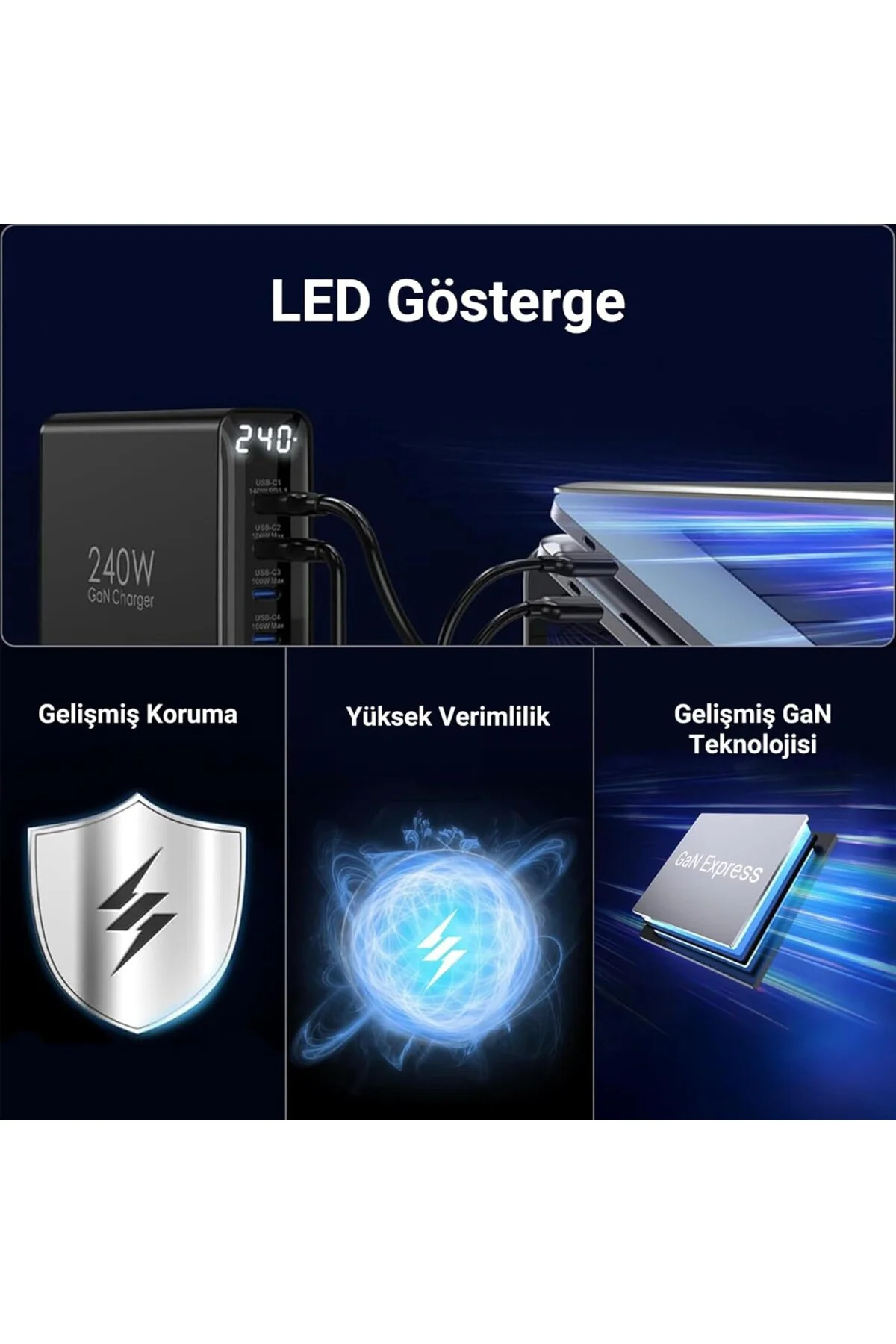 240W GaN PD 3.1 Masaüstü Hızlı Şarj Cihazı 4 Type-C + 2 USB-A iPhone & MacBook & Lap