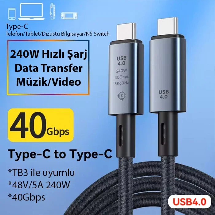 240W Type-C 8K Kablo - 40Gbps Süper Hızlı Şarj ve 8K Görüntü