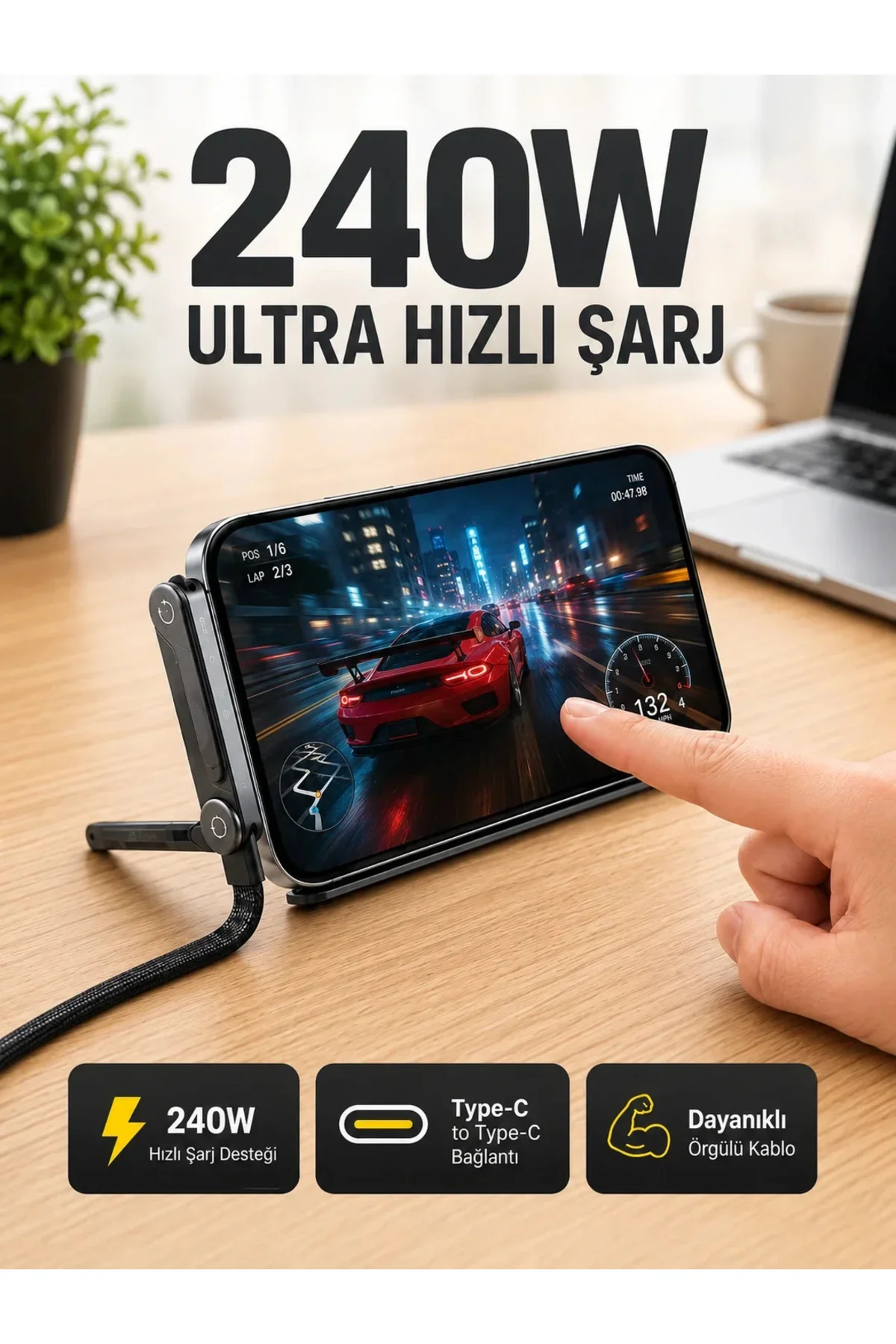 240W Type-C Telefon Standlı Örgülü Şarj ve Data Kablosu 240W Type-C Telefon Standlı Örgülü Şarj ve Data Kablosu